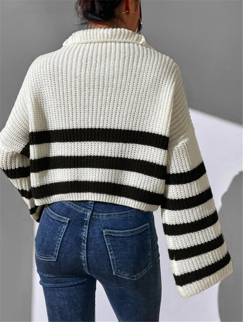 Striped Half Zip Collared Knit Sweater - White - 5