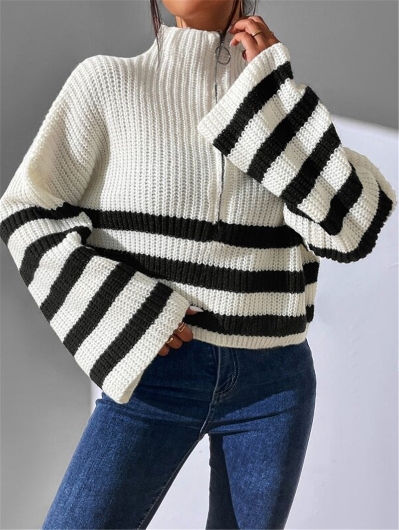 Striped Half Zip Collared Knit Sweater - White - 6