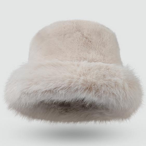 Fluffy Plush Winter Bucket Hat - Beige