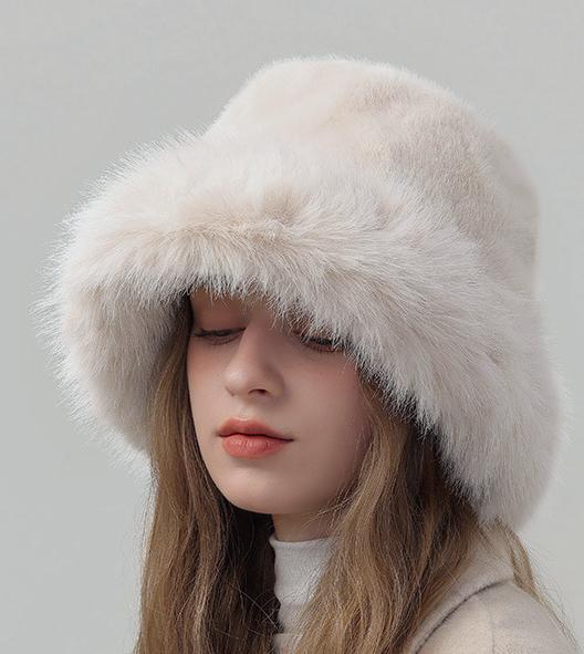 Fluffy Plush Winter Bucket Hat - Beige - 1