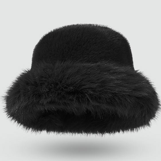 Fluffy Plush Winter Bucket Hat - Black