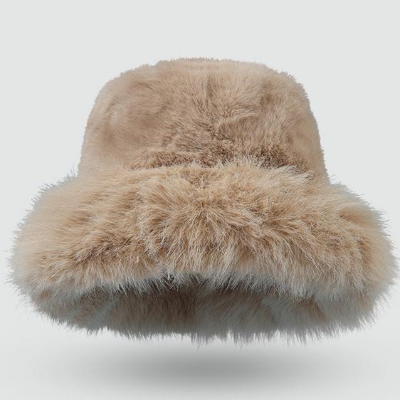 Fluffy Plush Winter Bucket Hat - Khaki