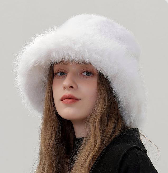 Fluffy Plush Winter Bucket Hat - White