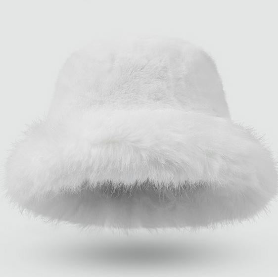 Fluffy Plush Winter Bucket Hat - White - 1