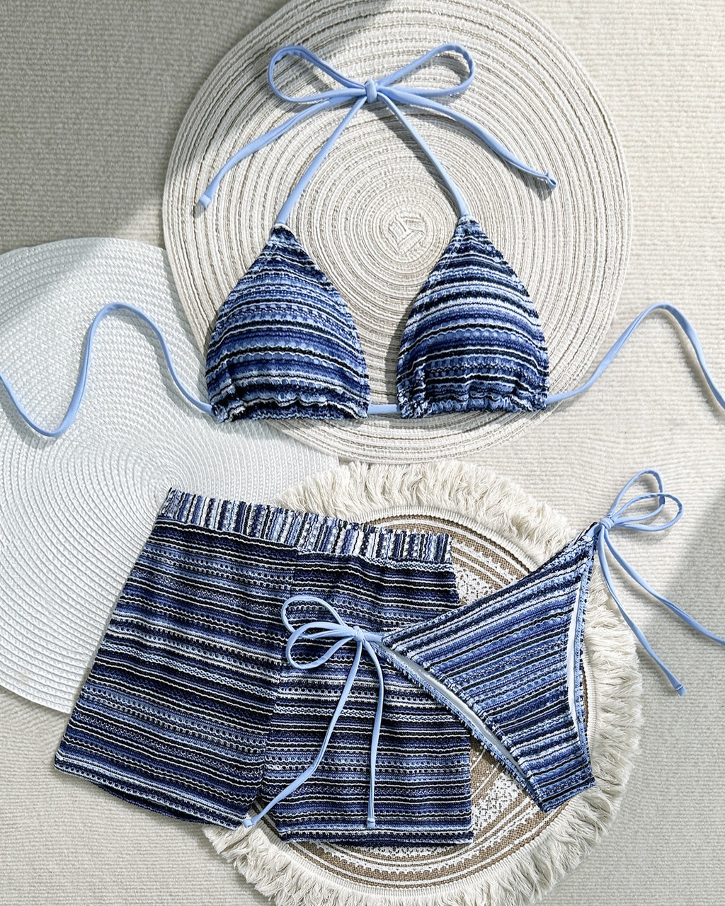 Striped Triangle Bikini and Swim Shorts Set - Blue - 1