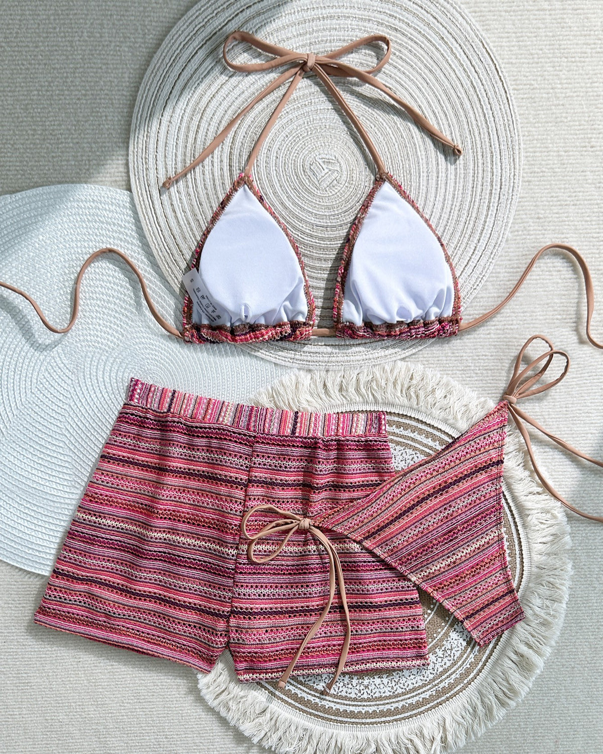 Striped Triangle Bikini and Swim Shorts Set - Blue - 4