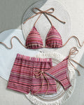 Striped Triangle Bikini and Swim Shorts Set - Curry