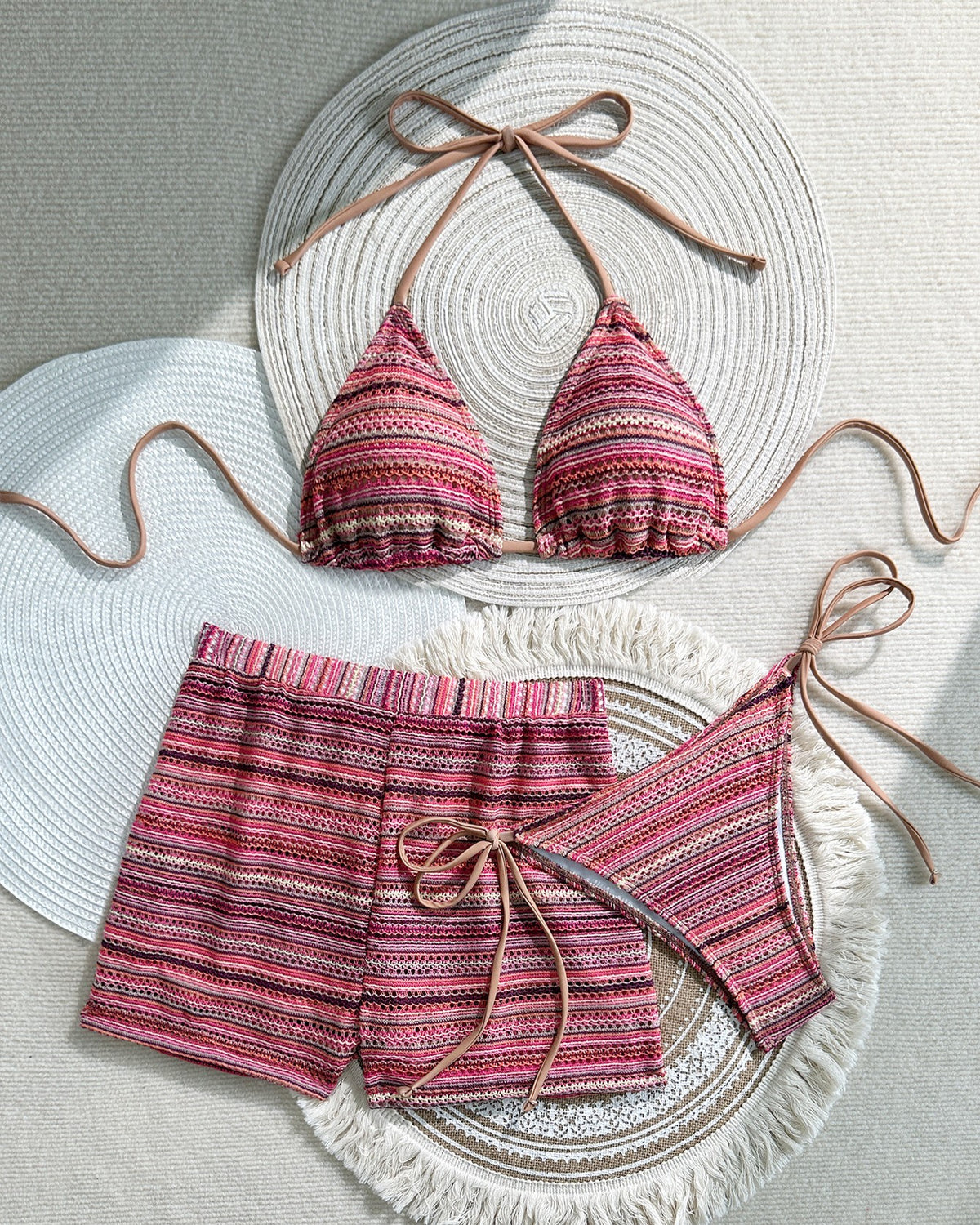 Striped Triangle Bikini and Swim Shorts Set - Curry
