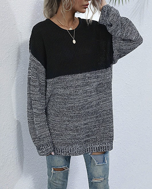Marled Colorblock Longline Tunic Sweater - Black
