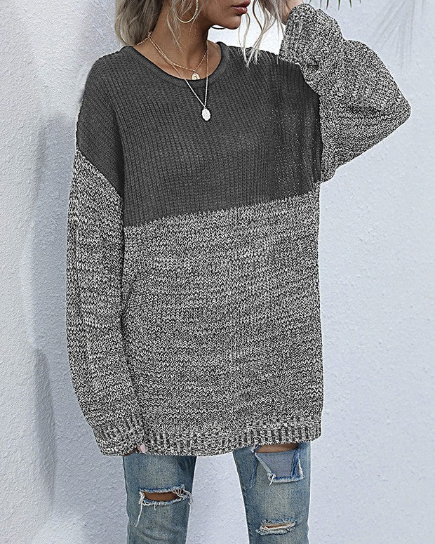 Marled Colorblock Longline Tunic Sweater - Dark-Gray