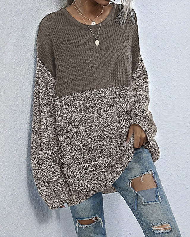 Marled Colorblock Longline Tunic Sweater - Khaki - 1