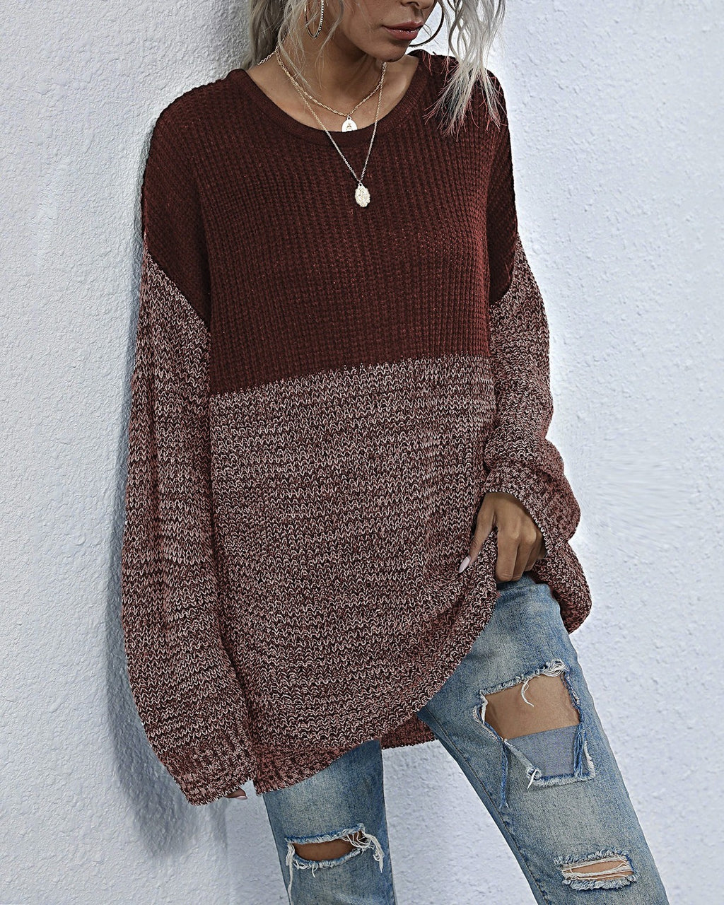 Marled Colorblock Longline Tunic Sweater - Wine-Red