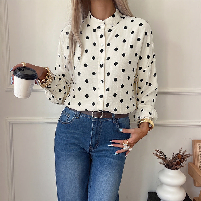 Polka Dot Button Up Blouse With Blouson Sleeves - Apricot