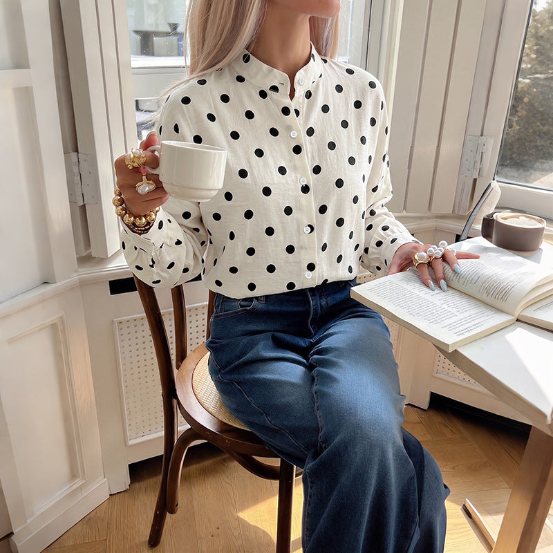 Polka Dot Button Up Blouse With Blouson Sleeves - Apricot - 1
