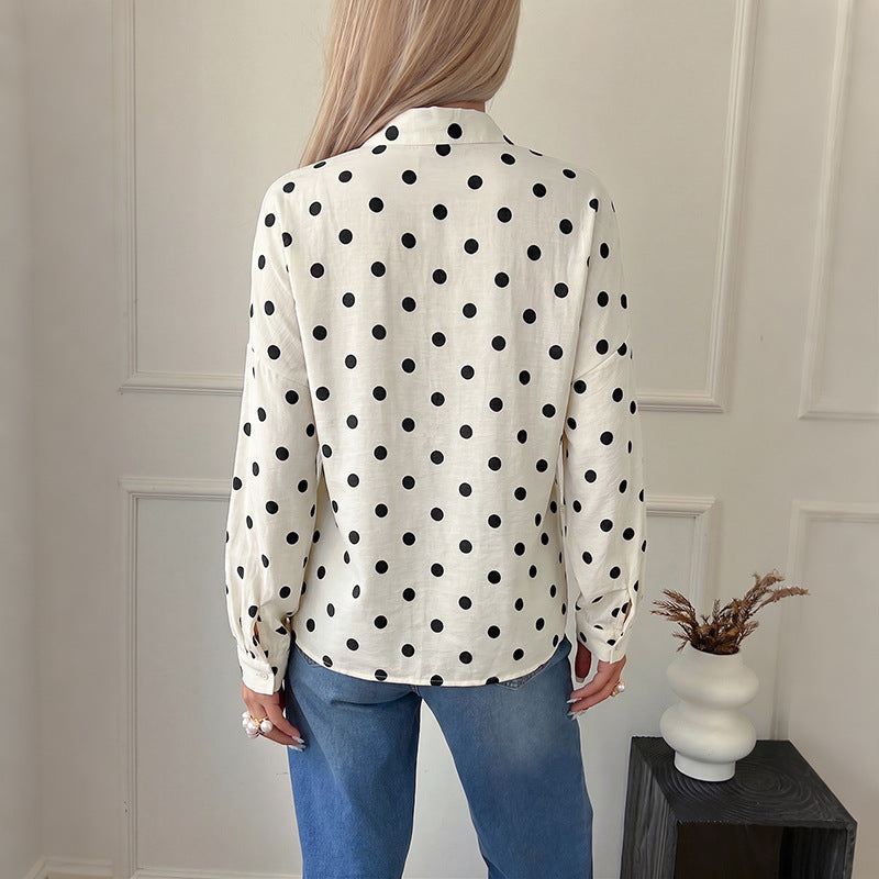 Polka Dot Button Up Blouse With Blouson Sleeves - Apricot - 4