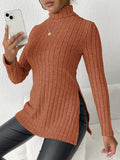 Ribbed Turtleneck Side Slit Long Sleeve Top - Brown
