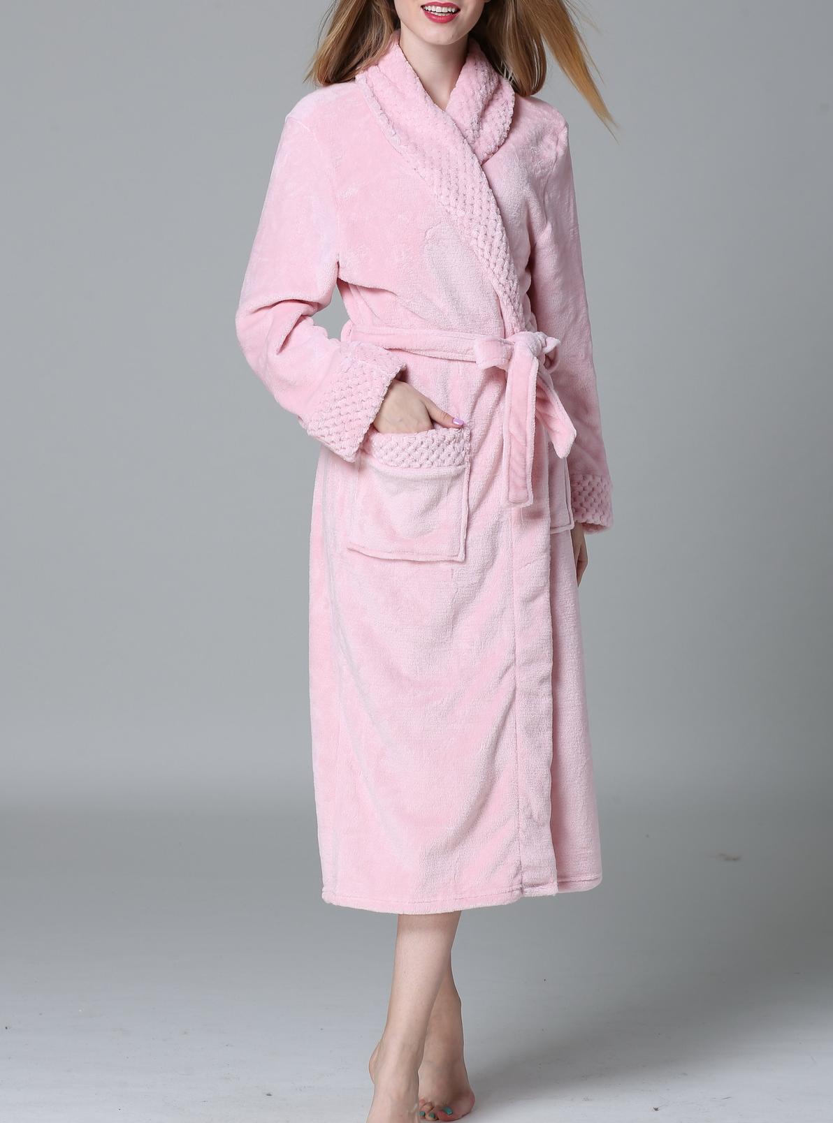 Plush Fleece Shawl Collar Long Robe - Pink