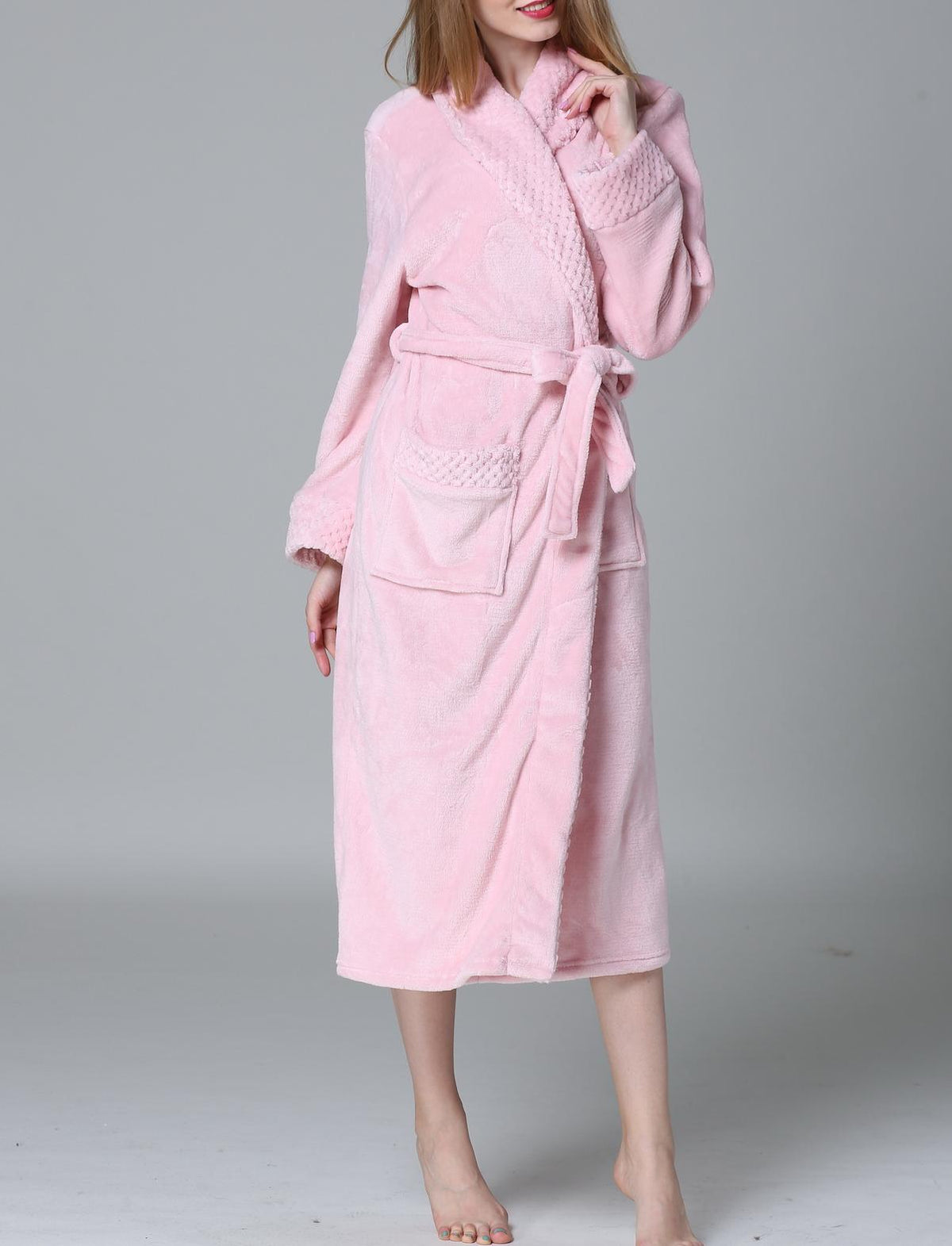 Plush Fleece Shawl Collar Long Robe - Pink - 1