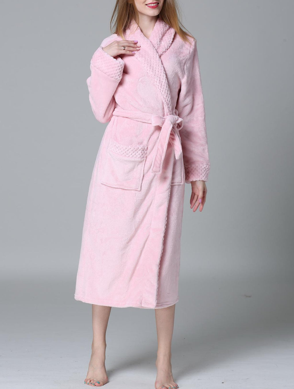 Plush Fleece Shawl Collar Long Robe - Pink - 2
