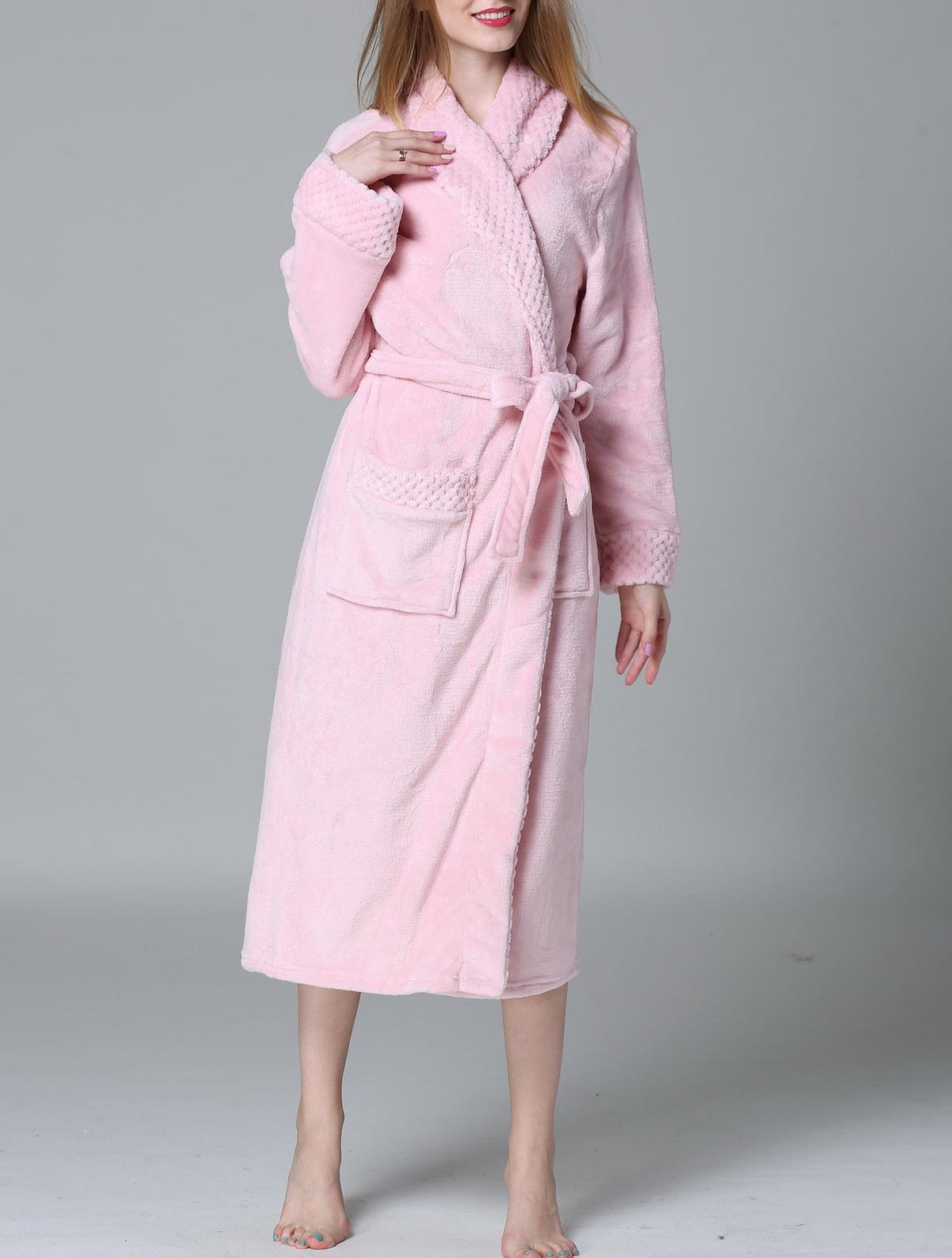 Plush Fleece Shawl Collar Long Robe - Pink - 2