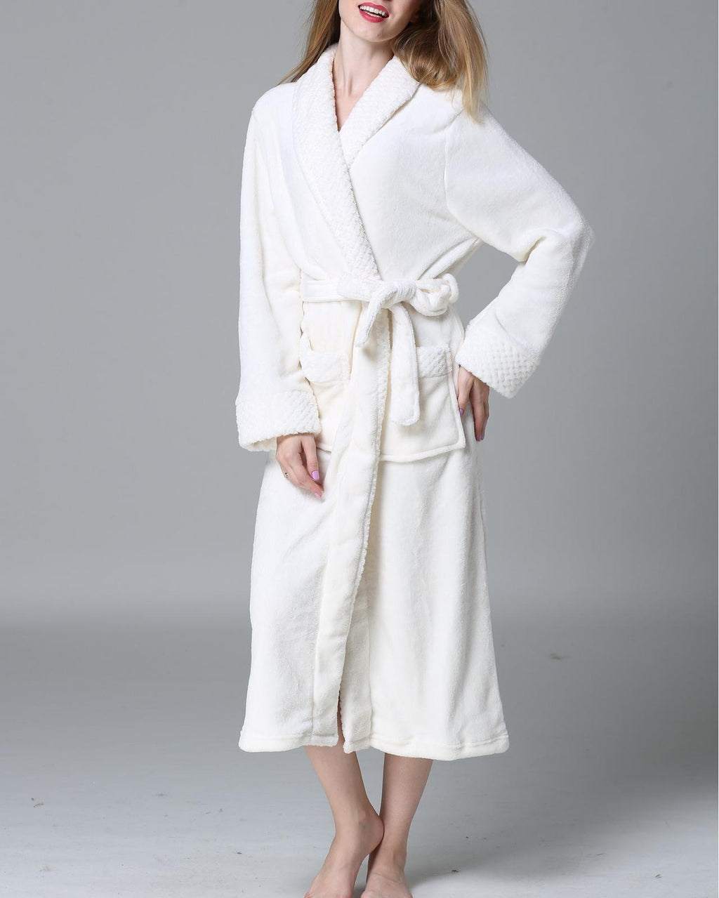 Plush Fleece Shawl Collar Long Robe - White
