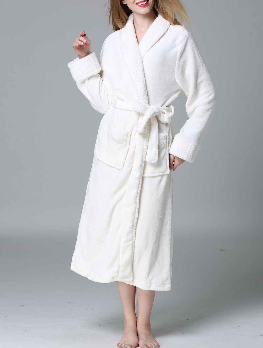 Plush Fleece Shawl Collar Long Robe - White - 1