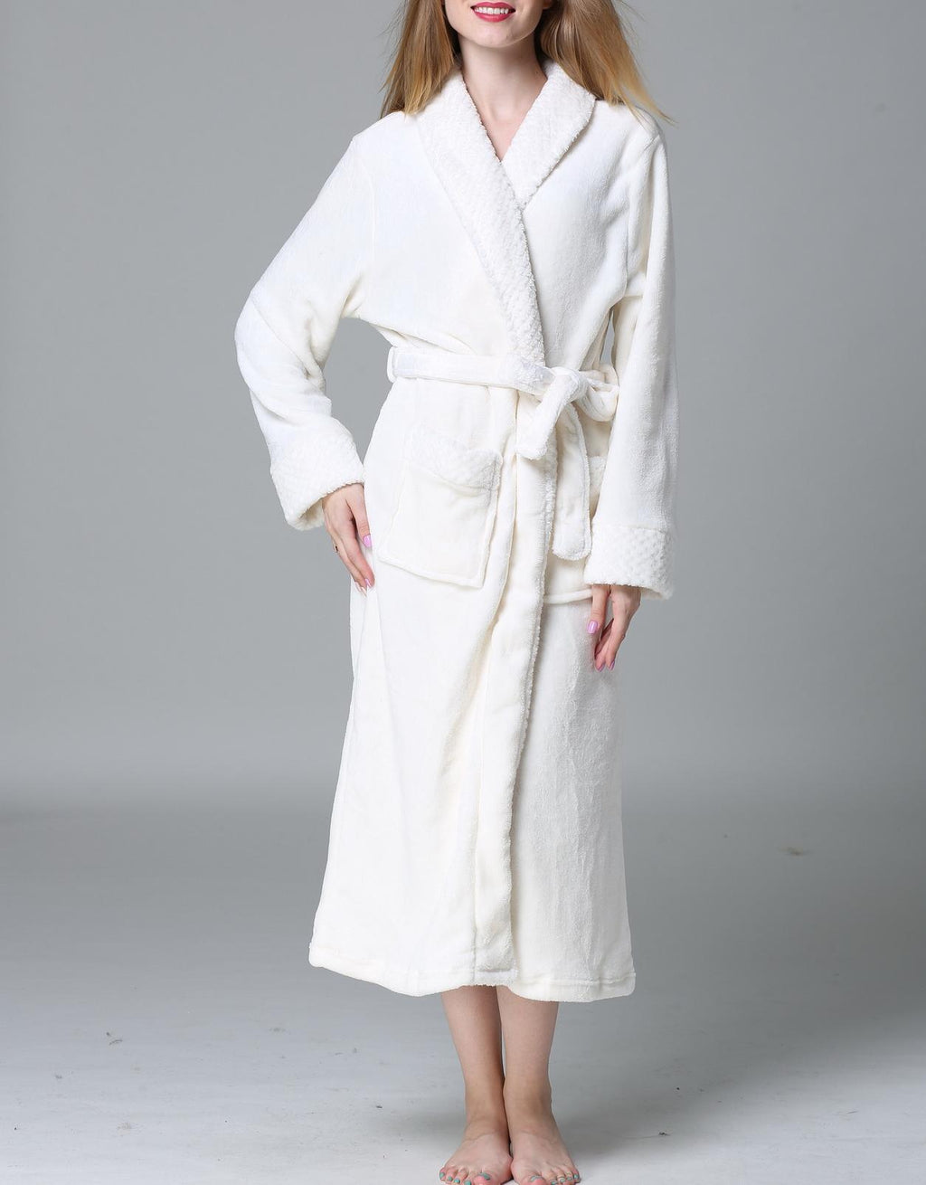 Plush Fleece Shawl Collar Long Robe - White - 2