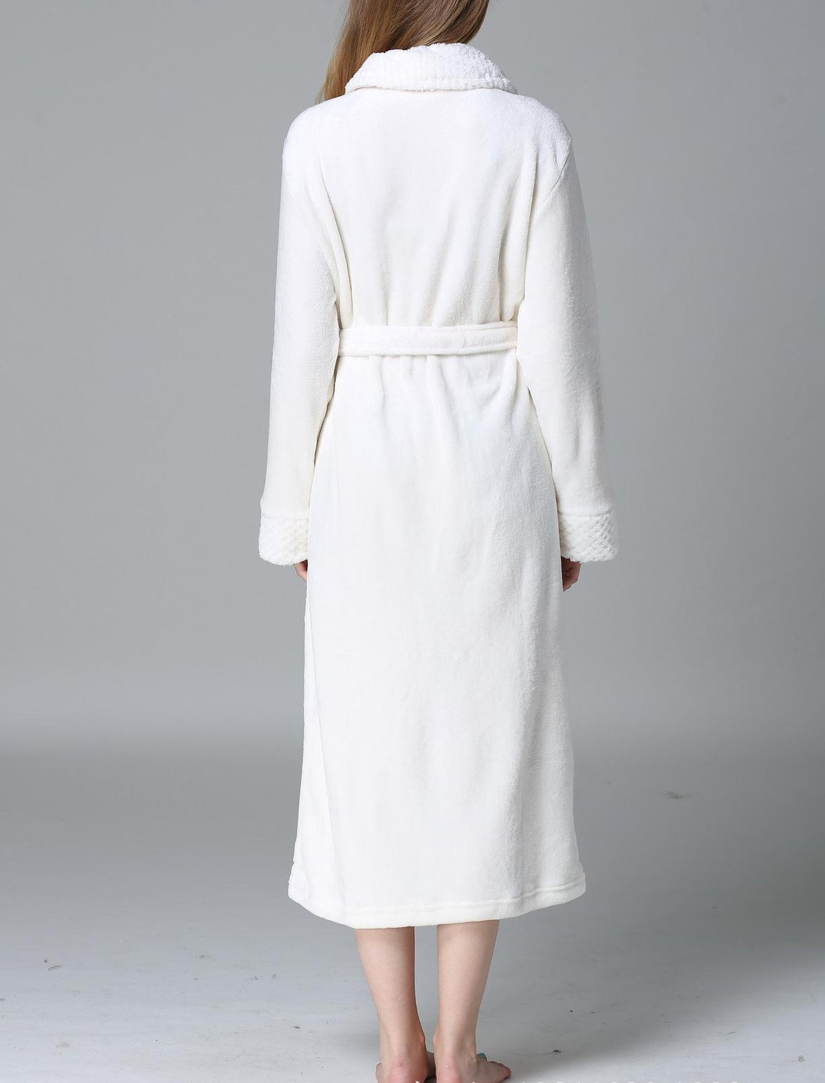 Plush Fleece Shawl Collar Long Robe - White - 3
