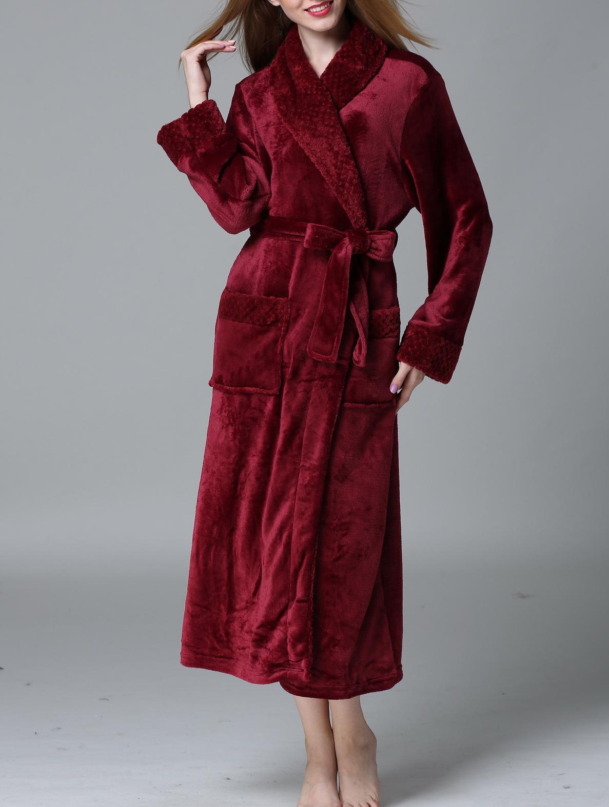 Plush Fleece Shawl Collar Long Robe - Wine_Red