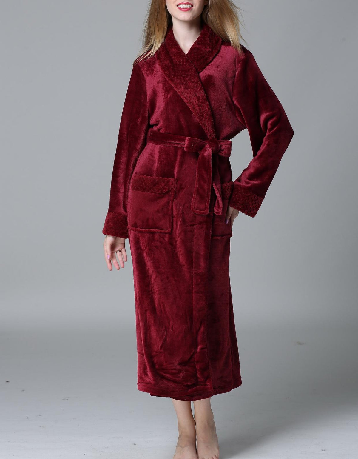 Plush Fleece Shawl Collar Long Robe - Wine_Red - 1