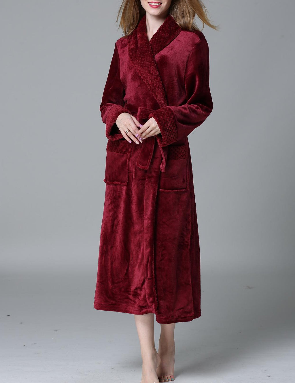 Plush Fleece Shawl Collar Long Robe - Wine_Red - 2