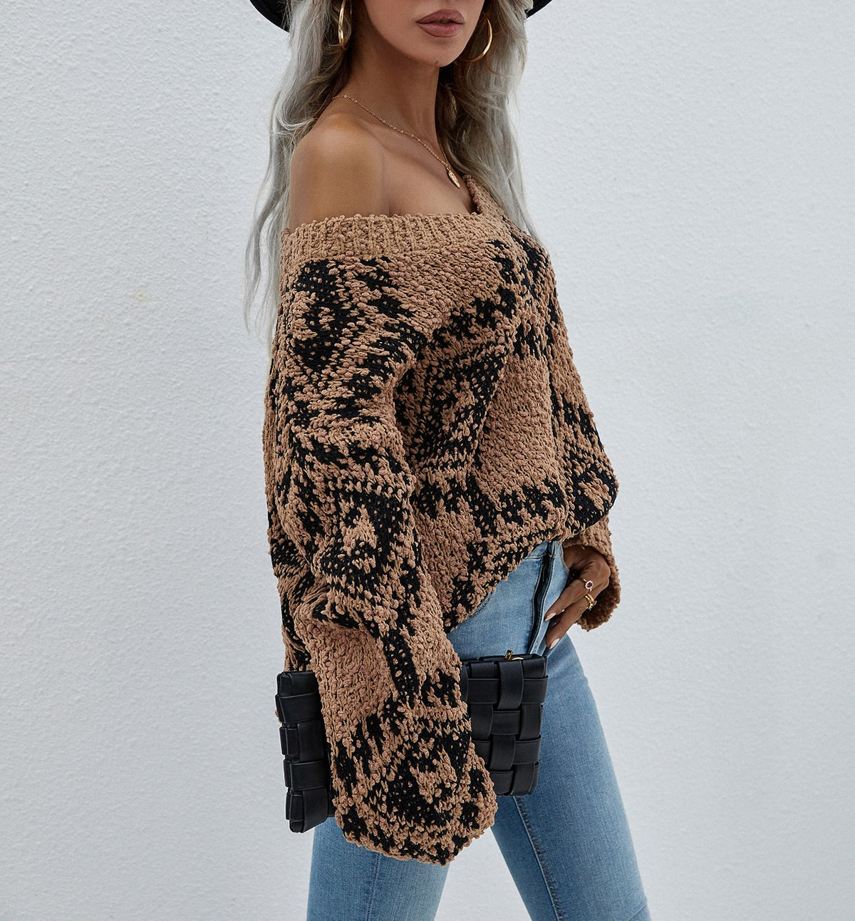 Geometric Diamond V Neck Oversized Sweater - Brown - 4