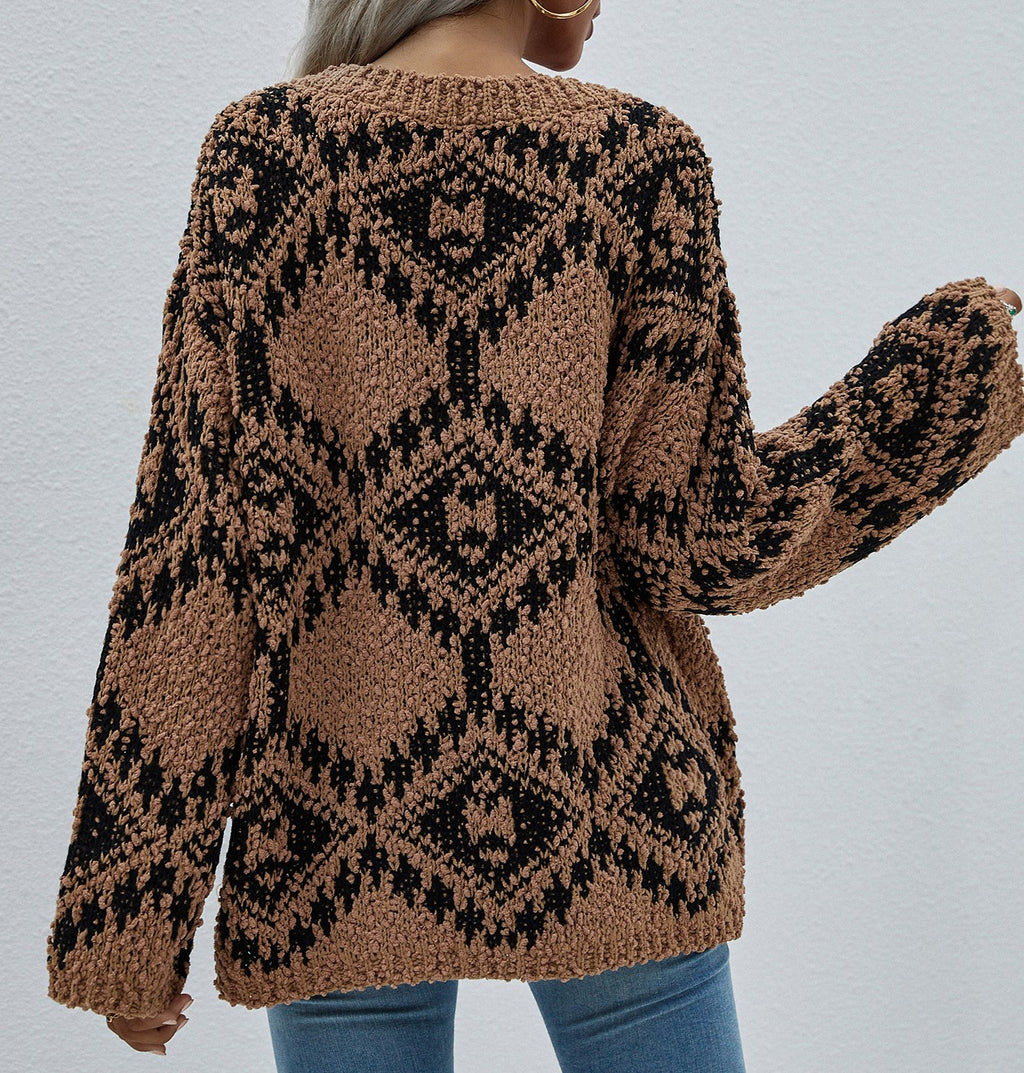 Geometric Diamond V Neck Oversized Sweater - Brown - 6