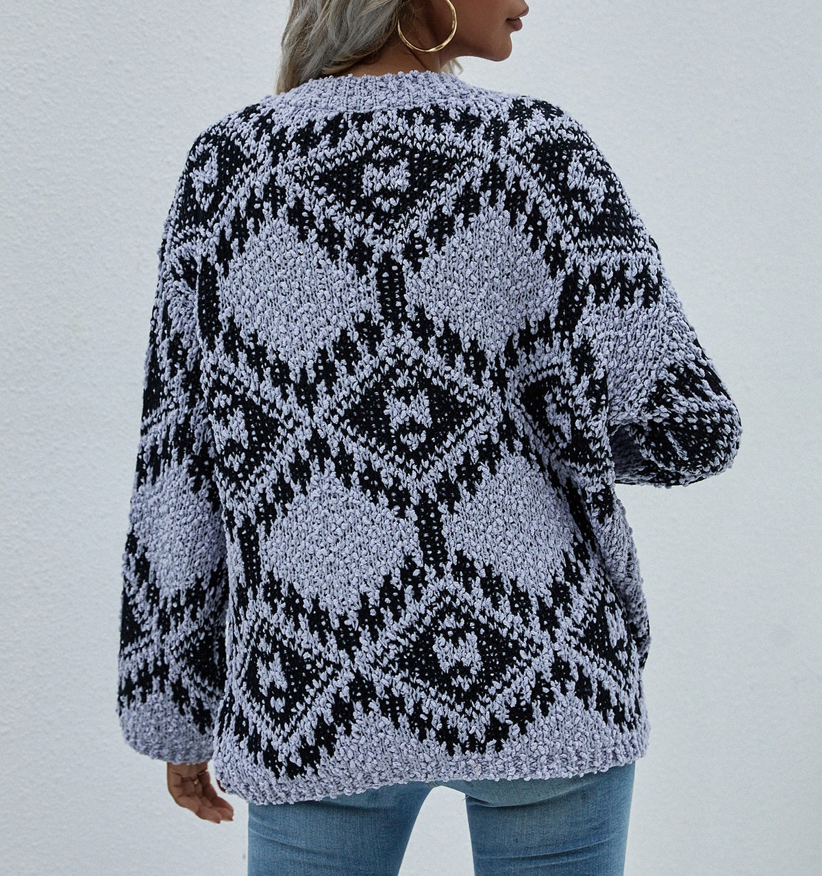 Geometric Diamond V Neck Oversized Sweater - Grey - 2