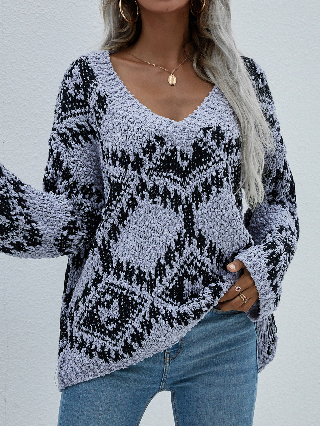 Geometric Diamond V Neck Oversized Sweater - Grey - 3
