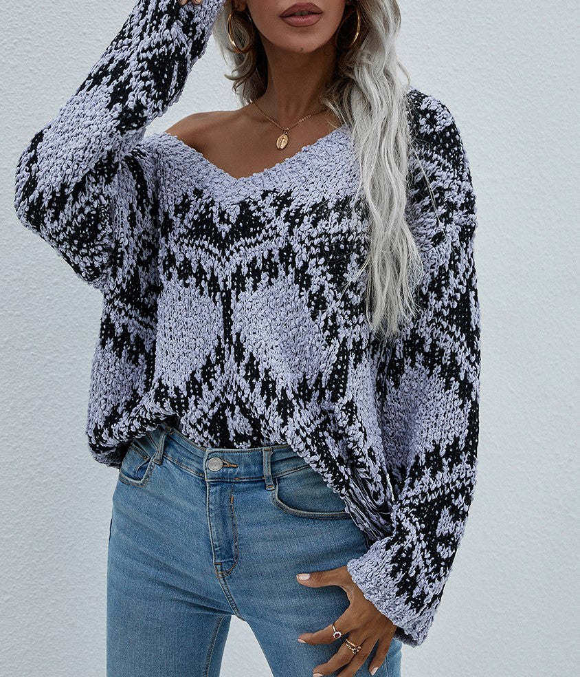 Geometric Diamond V Neck Oversized Sweater - Grey - 6