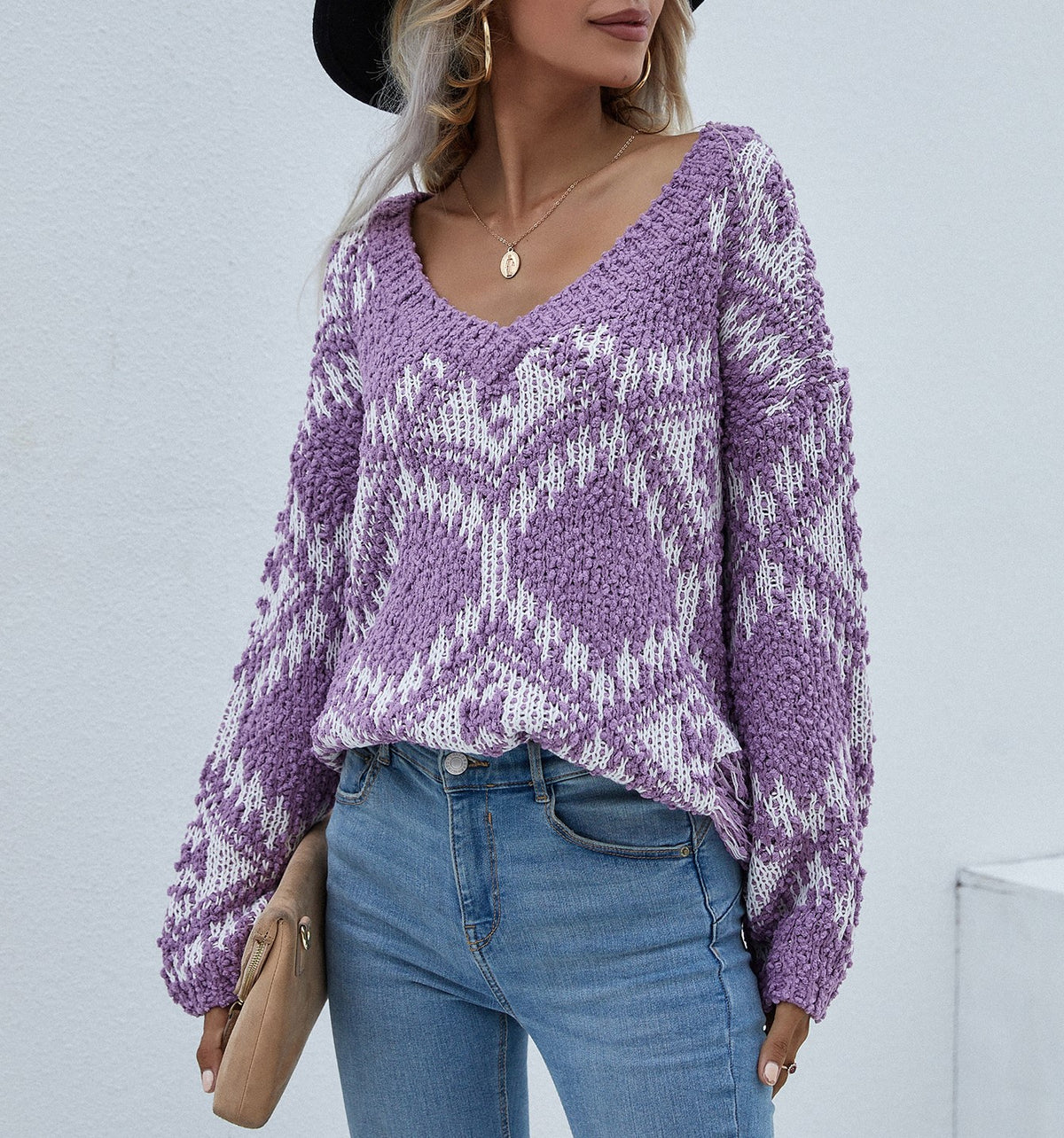 Geometric Diamond V Neck Oversized Sweater - Purple