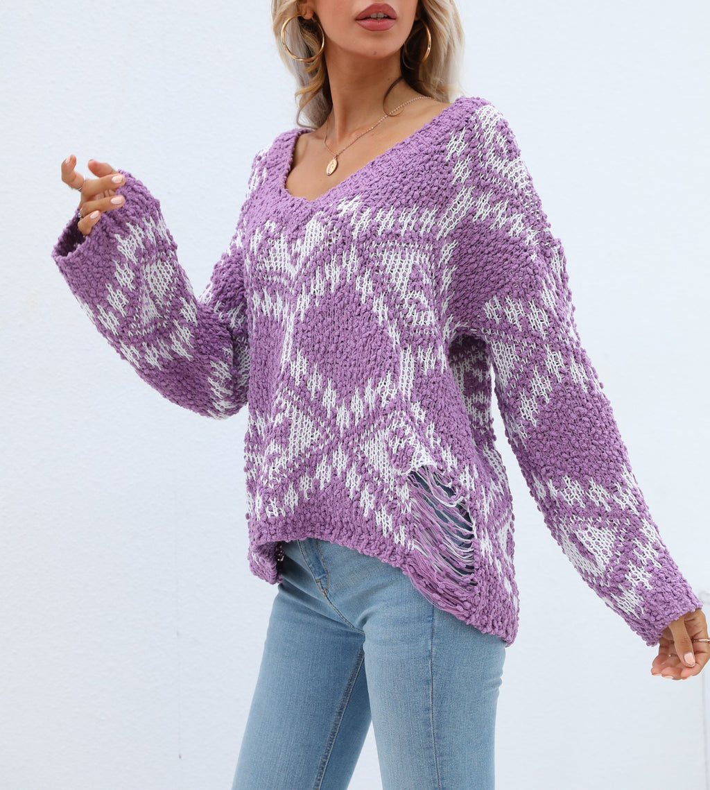 Geometric Diamond V Neck Oversized Sweater - Purple - 3