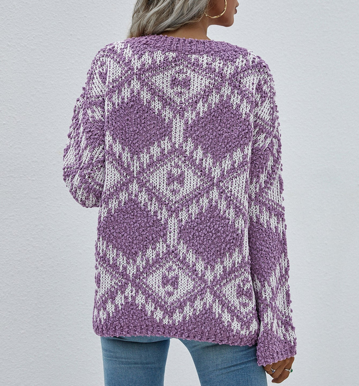 Geometric Diamond V Neck Oversized Sweater - Purple - 4