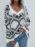 Geometric Diamond V Neck Oversized Sweater - White