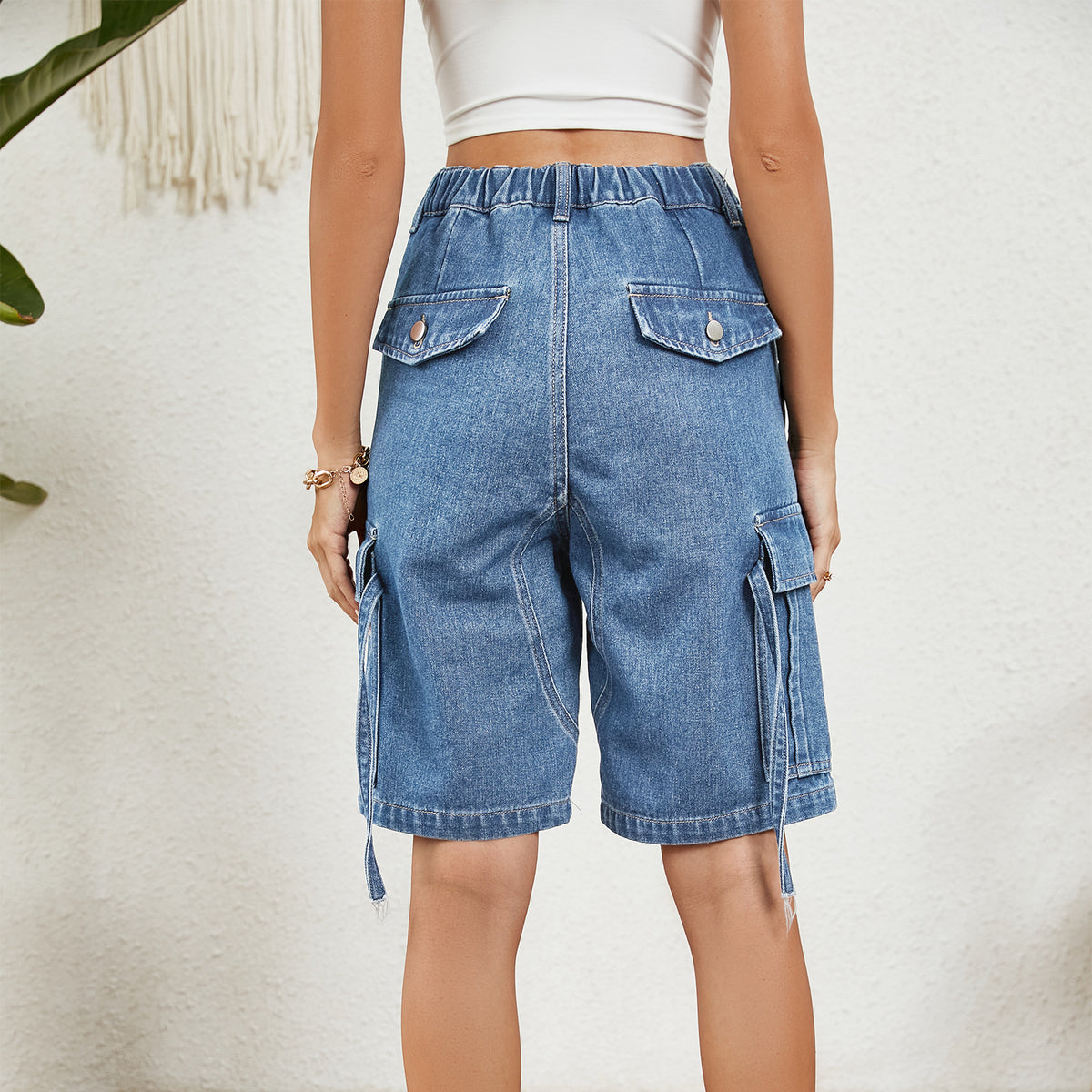 Knee Length Cargo Bermuda Denim Shorts - Blue