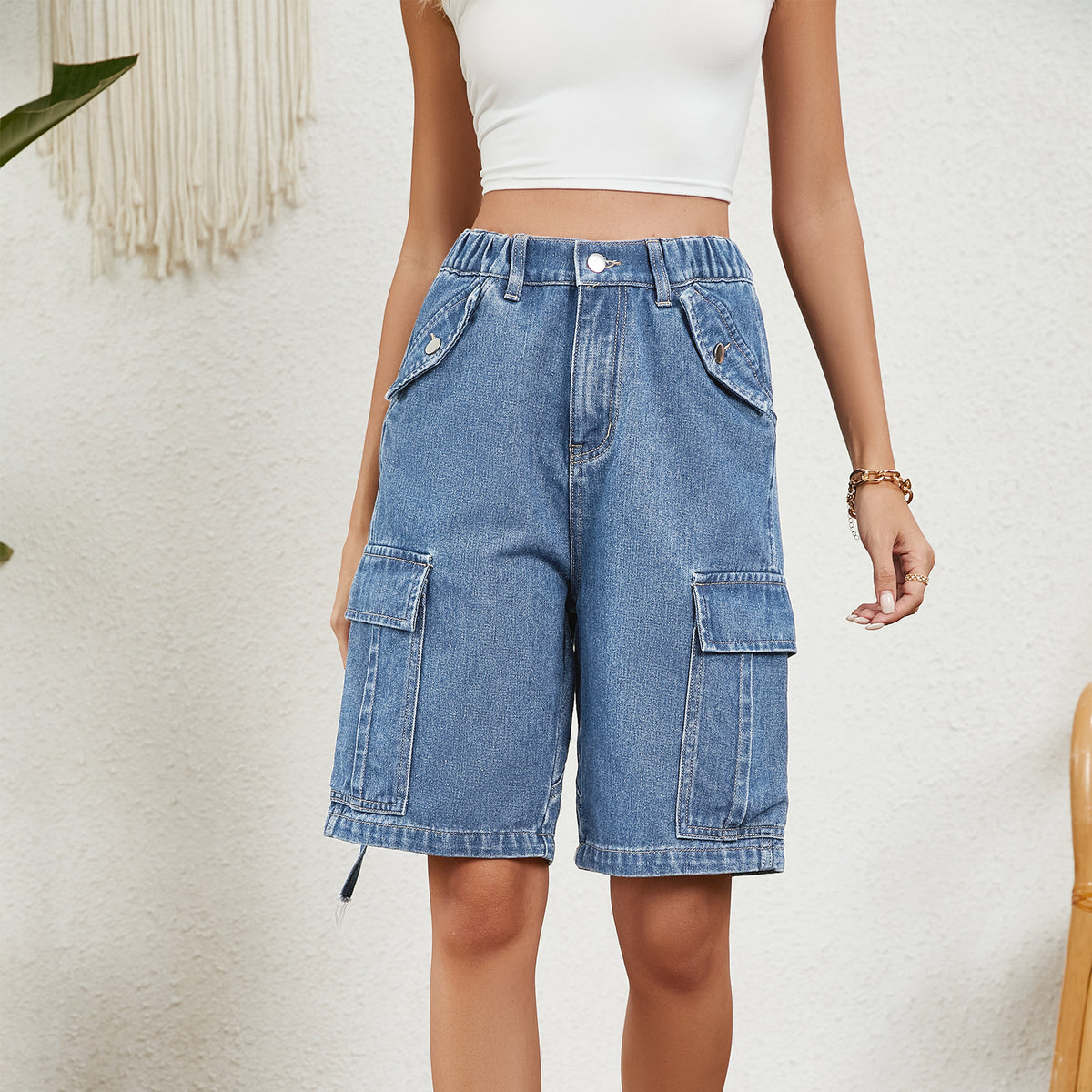 Knee Length Cargo Bermuda Denim Shorts - Blue - 2