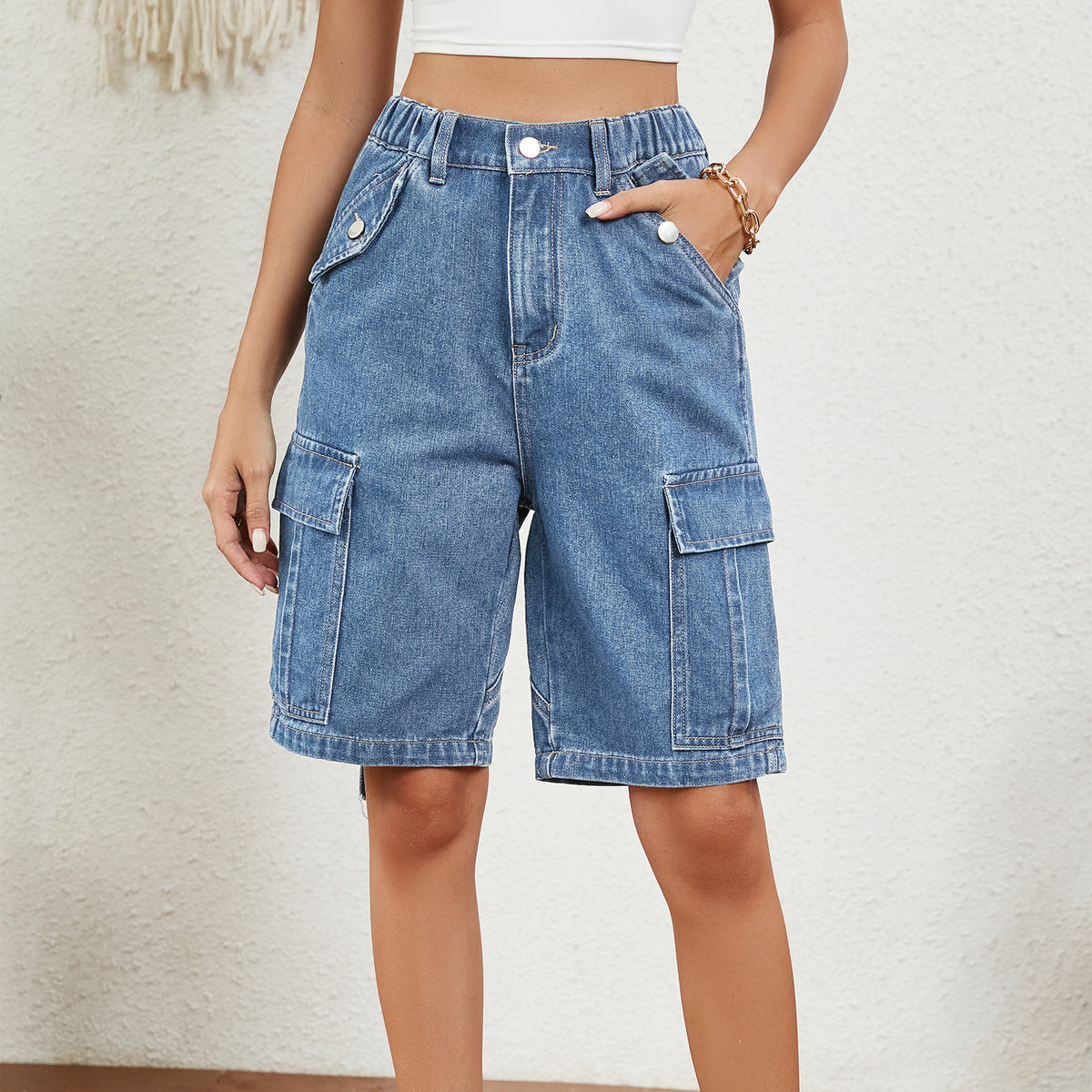 Knee Length Cargo Bermuda Denim Shorts