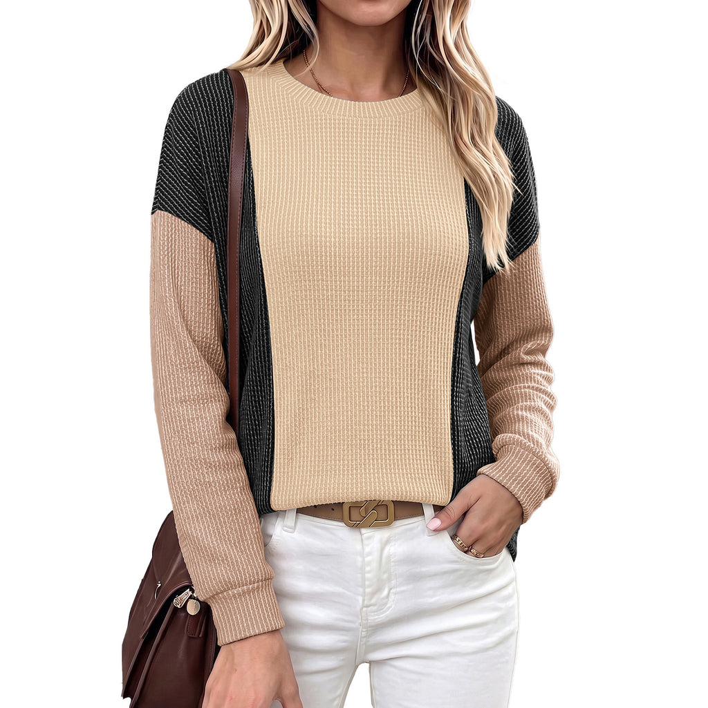 Waffle Knit Top With Contrast Panel Sleeves - Black