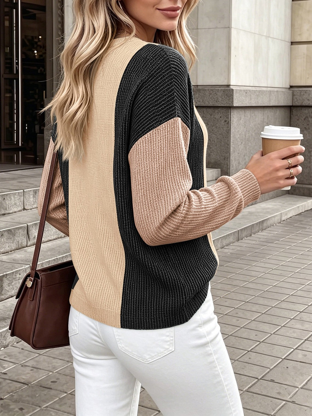 Waffle Knit Top With Contrast Panel Sleeves - Black - 1