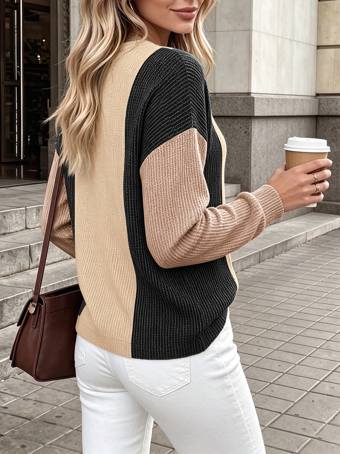 Waffle Knit Top With Contrast Panel Sleeves - Black - 1