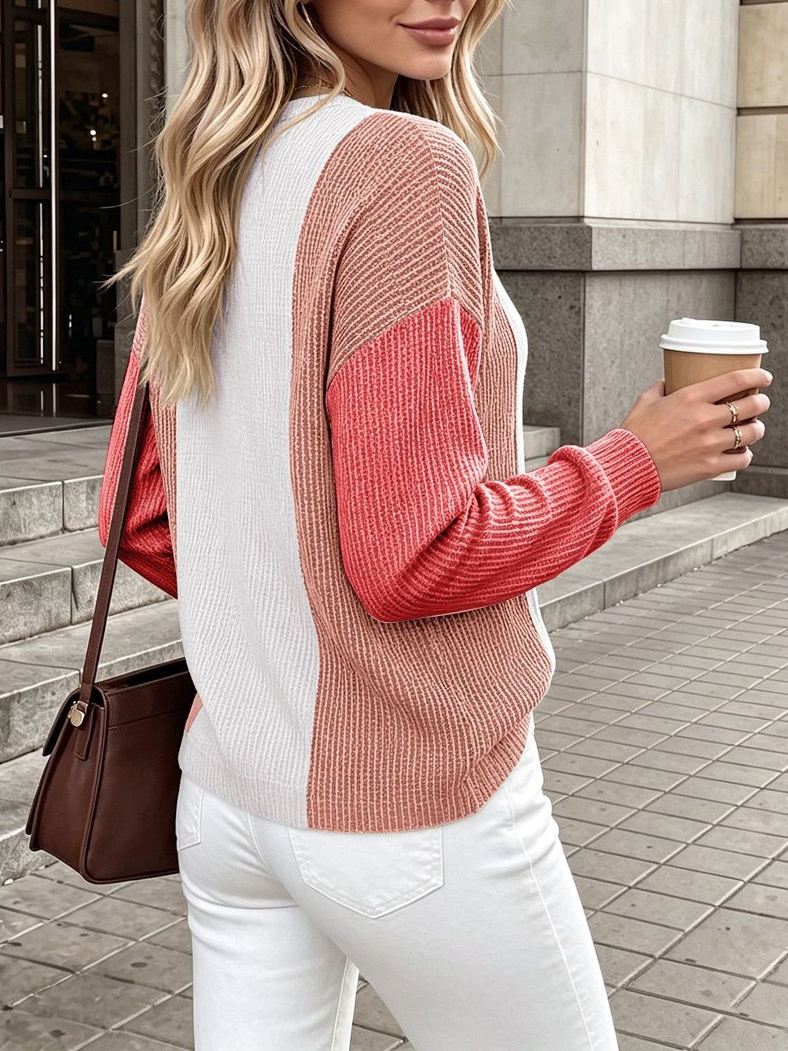 Waffle Knit Top With Contrast Panel Sleeves - White - 1