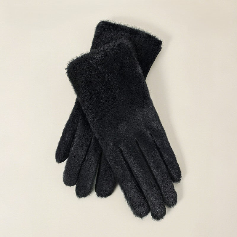 Soft Plush Winter Gloves With Folded Cuff - Black