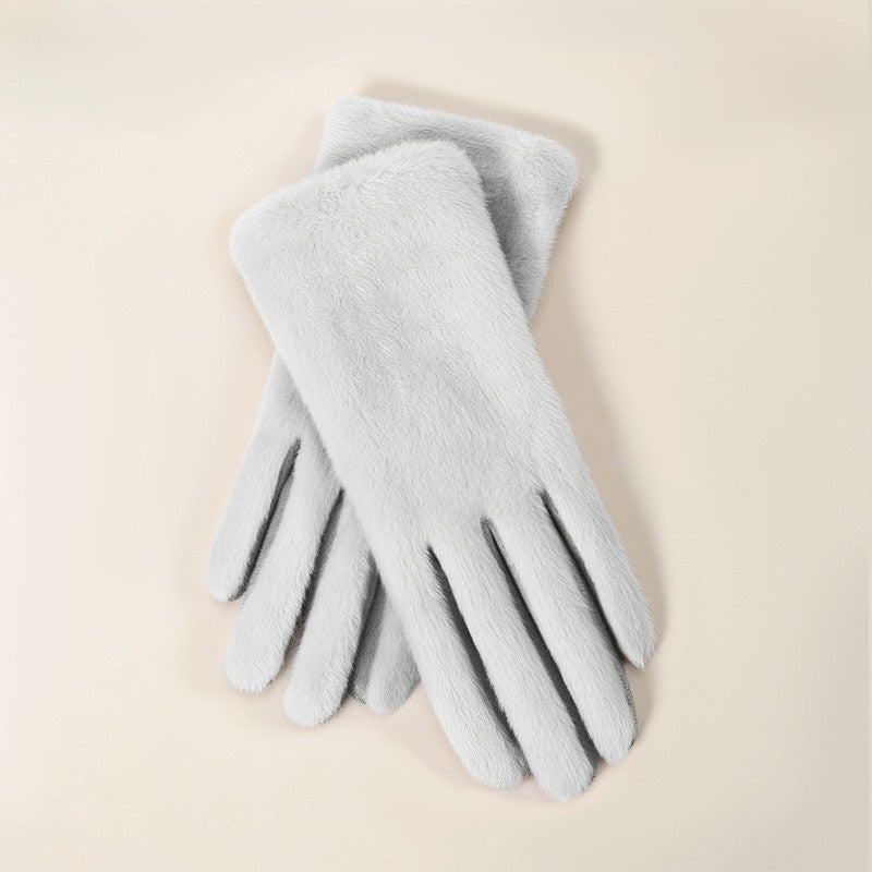 Soft Plush Winter Gloves With Folded Cuff - Grey