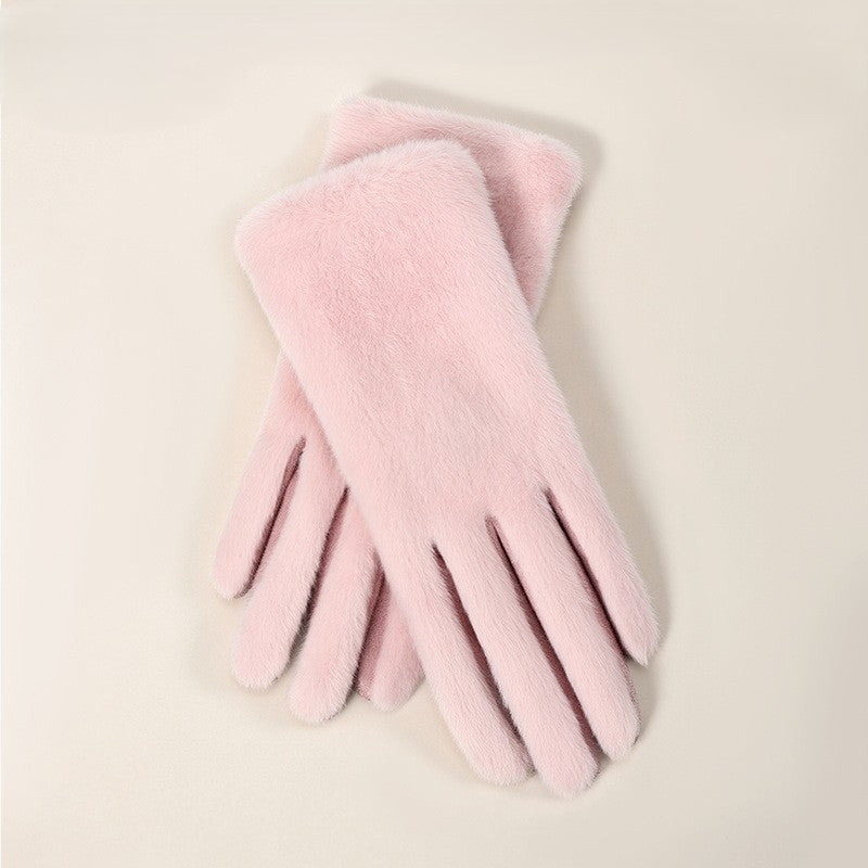 Soft Plush Winter Gloves With Folded Cuff - Pink